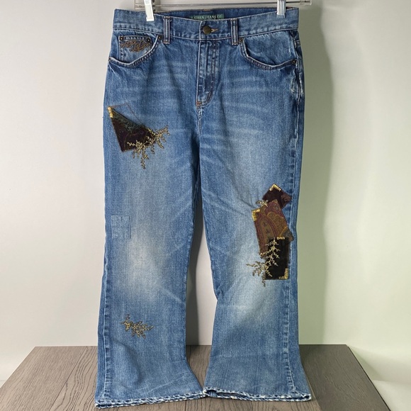 Lauren Ralph Lauren Blue Patchwork Flare Jeans Size 4 Petite - Picture 1 of 15